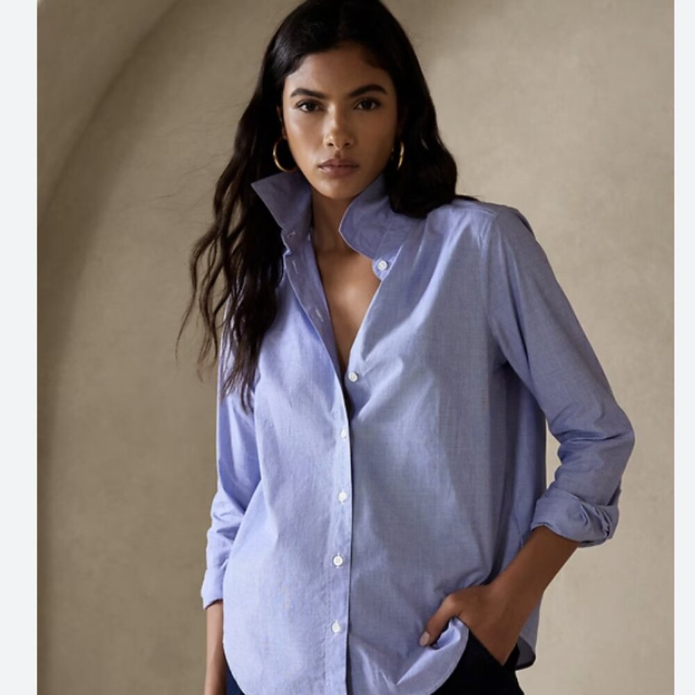 NWOT 14 Tall Banana Republic Button Down Shirt Blue Long Sleeve Stretch Fitted